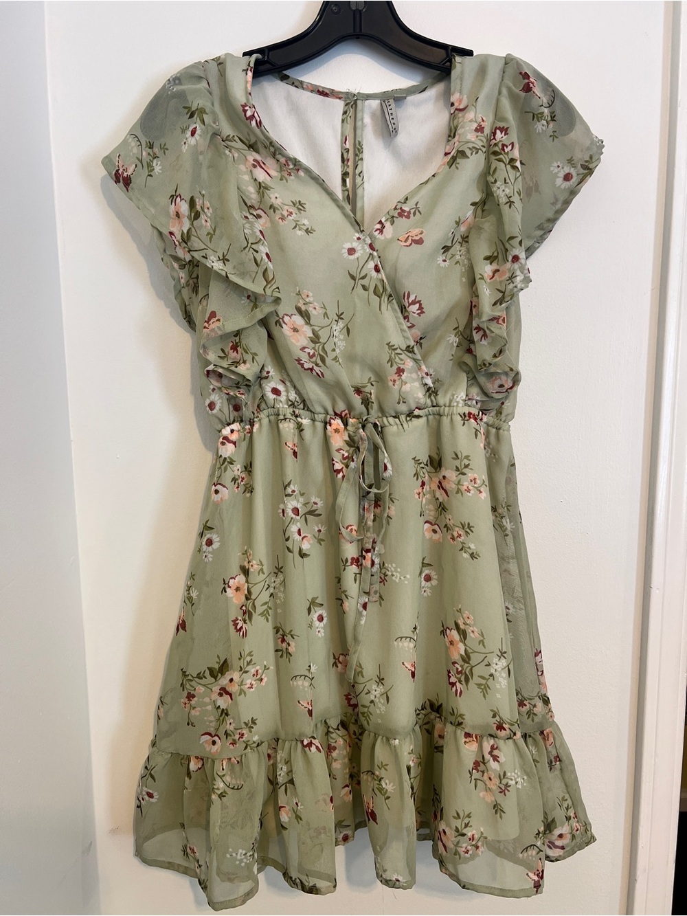 Feathers Sage Green Floral Ruffle Wrap Dress